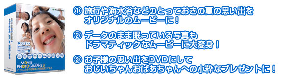 ①旅行や海水浴などのとっておきの夏の思い出をムービーに！　②データのまま眠っている写真もドラマティックなムービーに大変身！　③お子様のとびっきりの思い出をDVDにしておじいちゃんおばあちゃんへの小粋なプレゼントに！