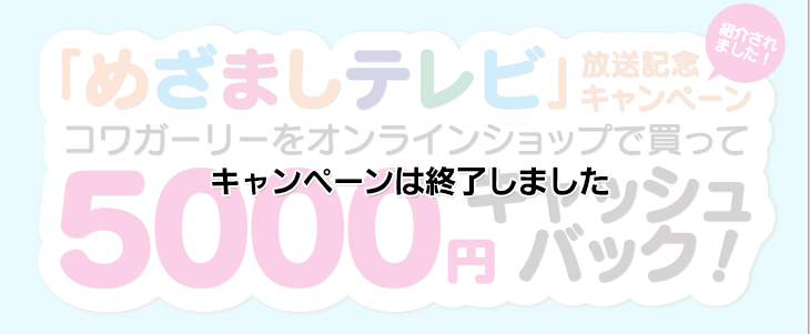 めざましテレビ放送記念キャンペーン　コワガーリーをオンラインショップで買って5000円キャッシュバック！